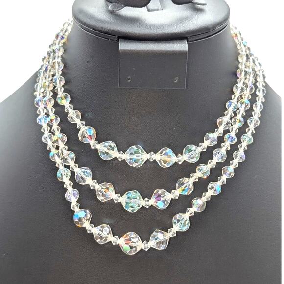 Vtg Graduated Three Strand Czech Faceted Clear & AB Crystal 13"-15.5" Necklace - Picture 8 of 8